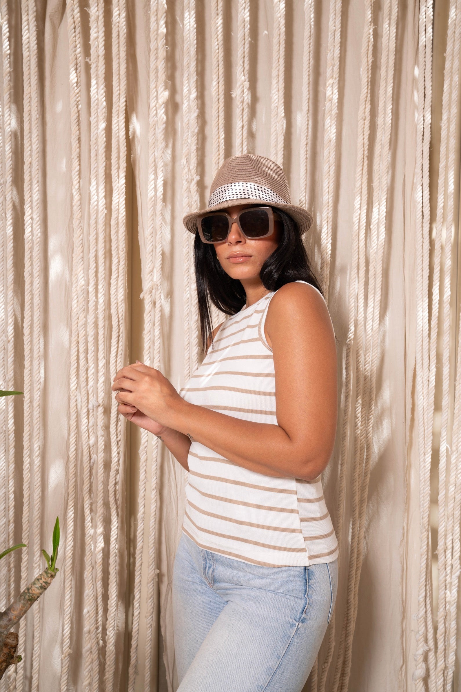 Gumus Beige Striped Sleeveless Top