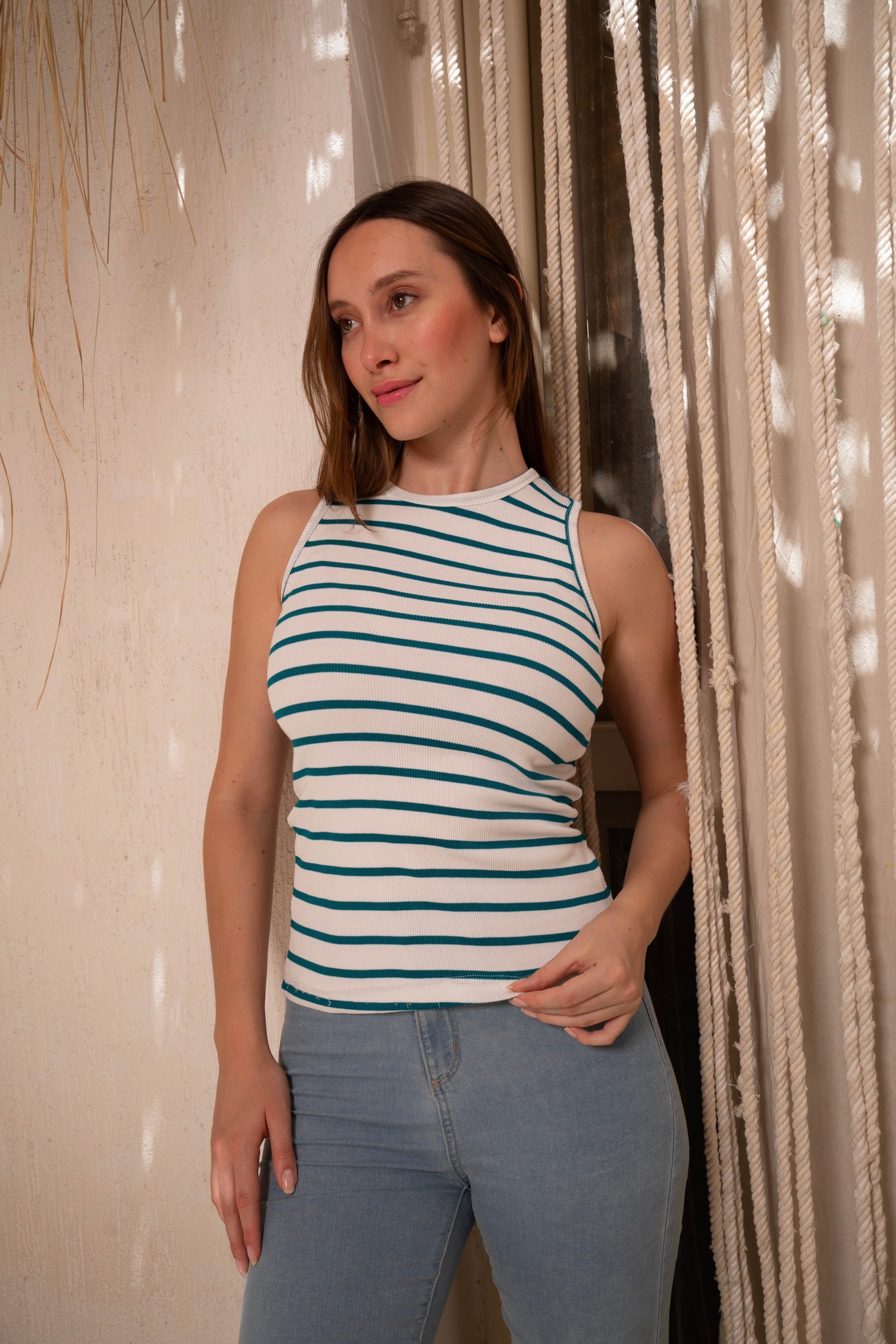 Gumus Green Striped Sleeveless Top