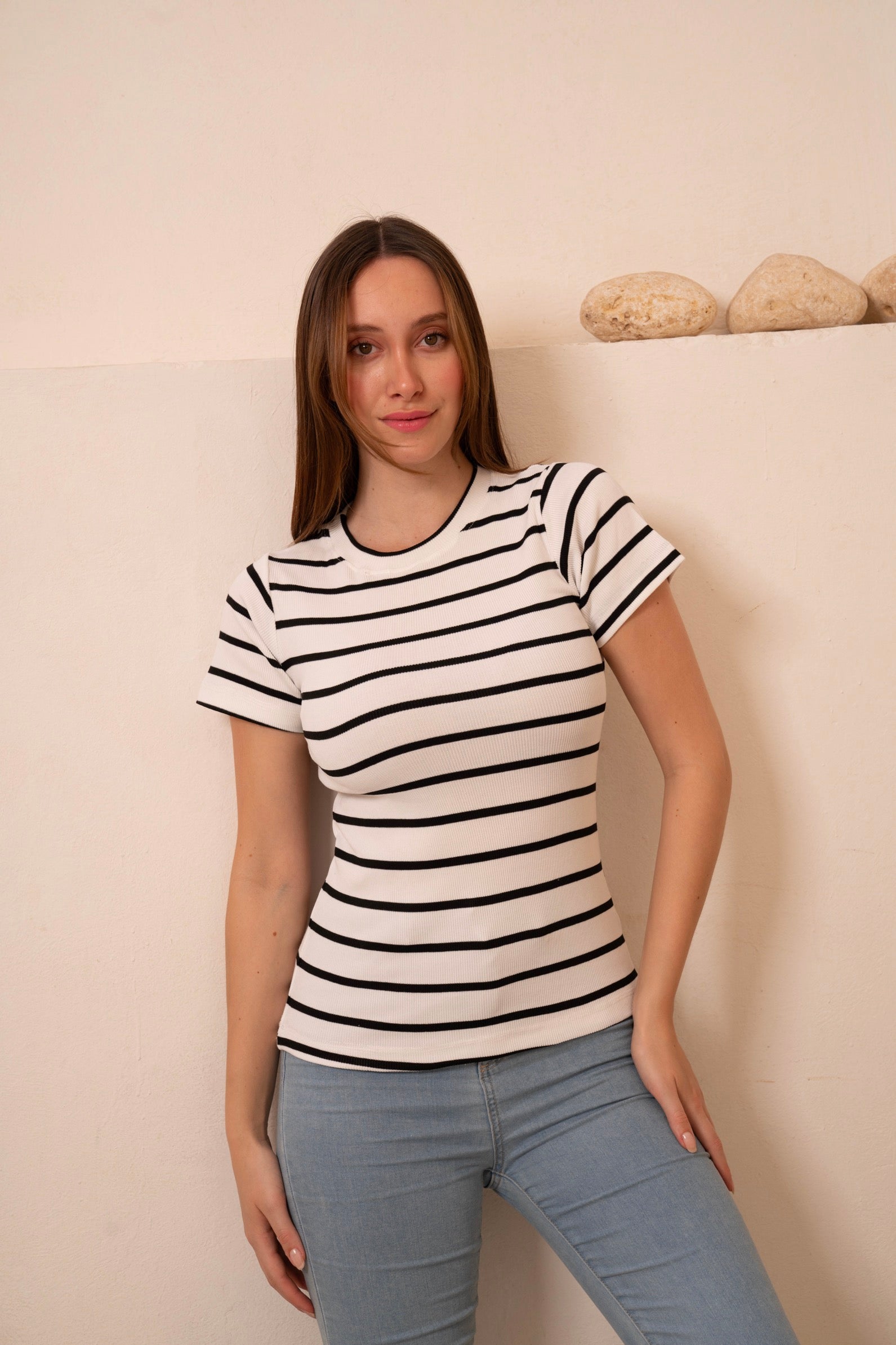 Gumus White Striped Short Sleeve Top