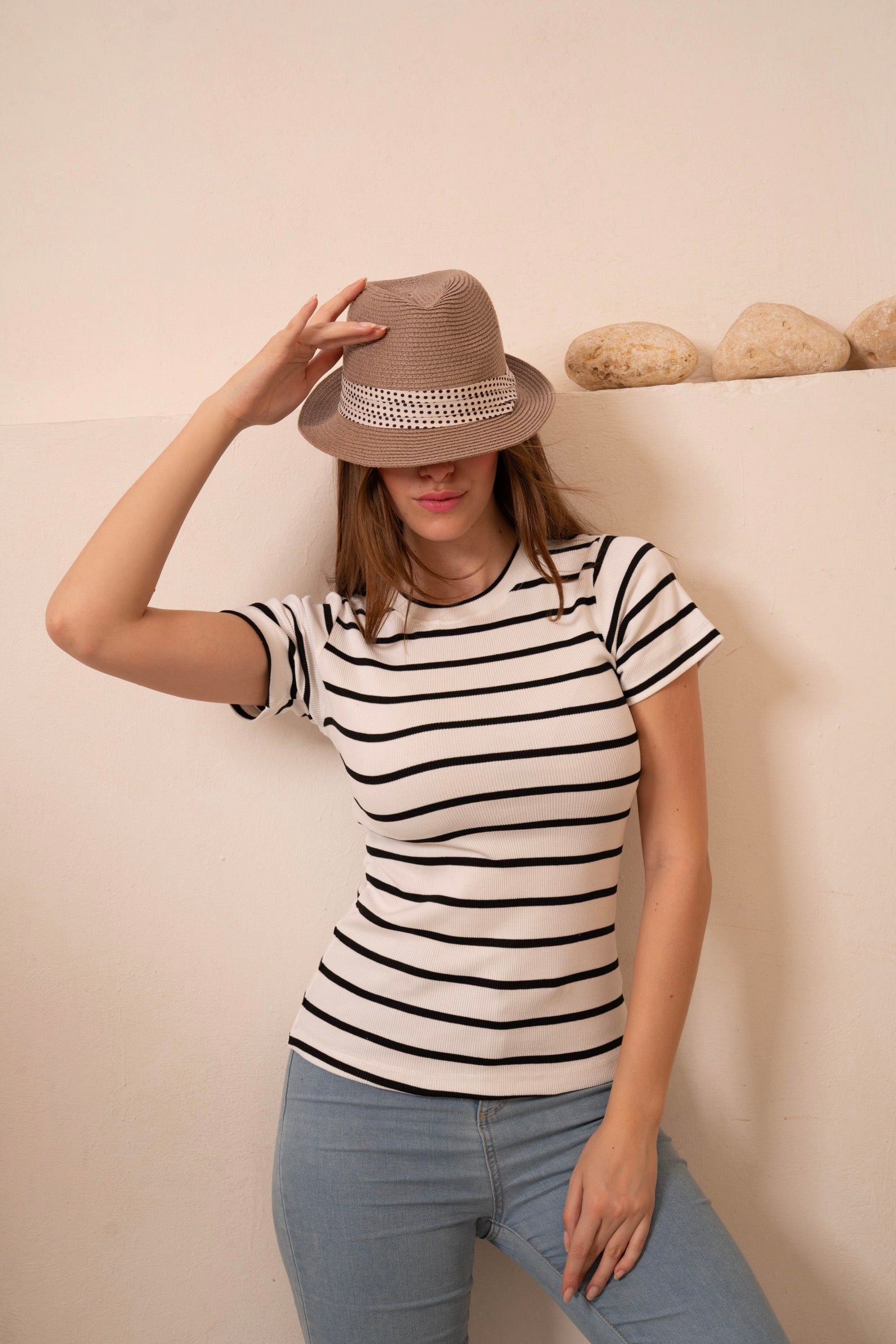 Gumus White Striped Short Sleeve Top