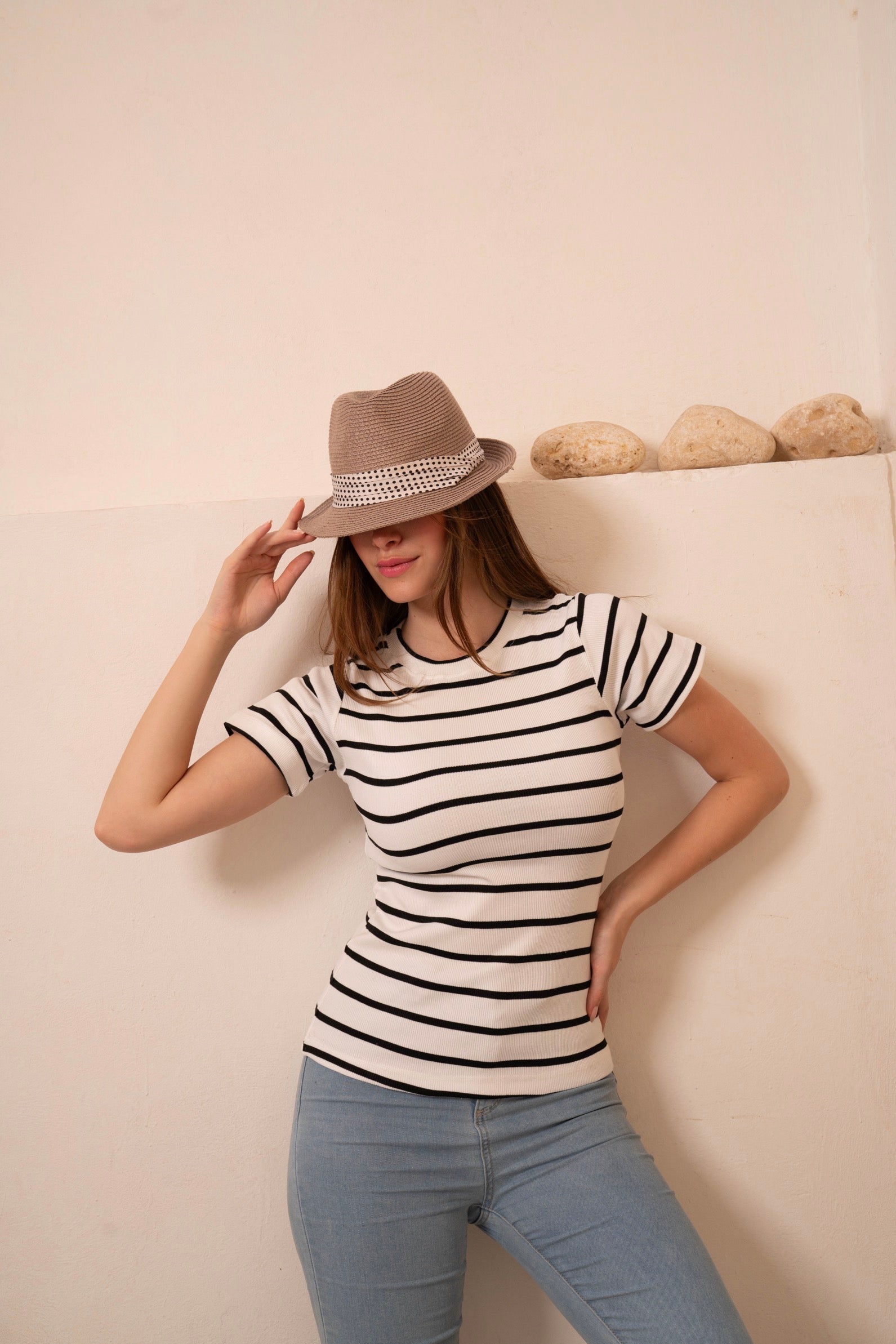 Gumus White Striped Short Sleeve Top