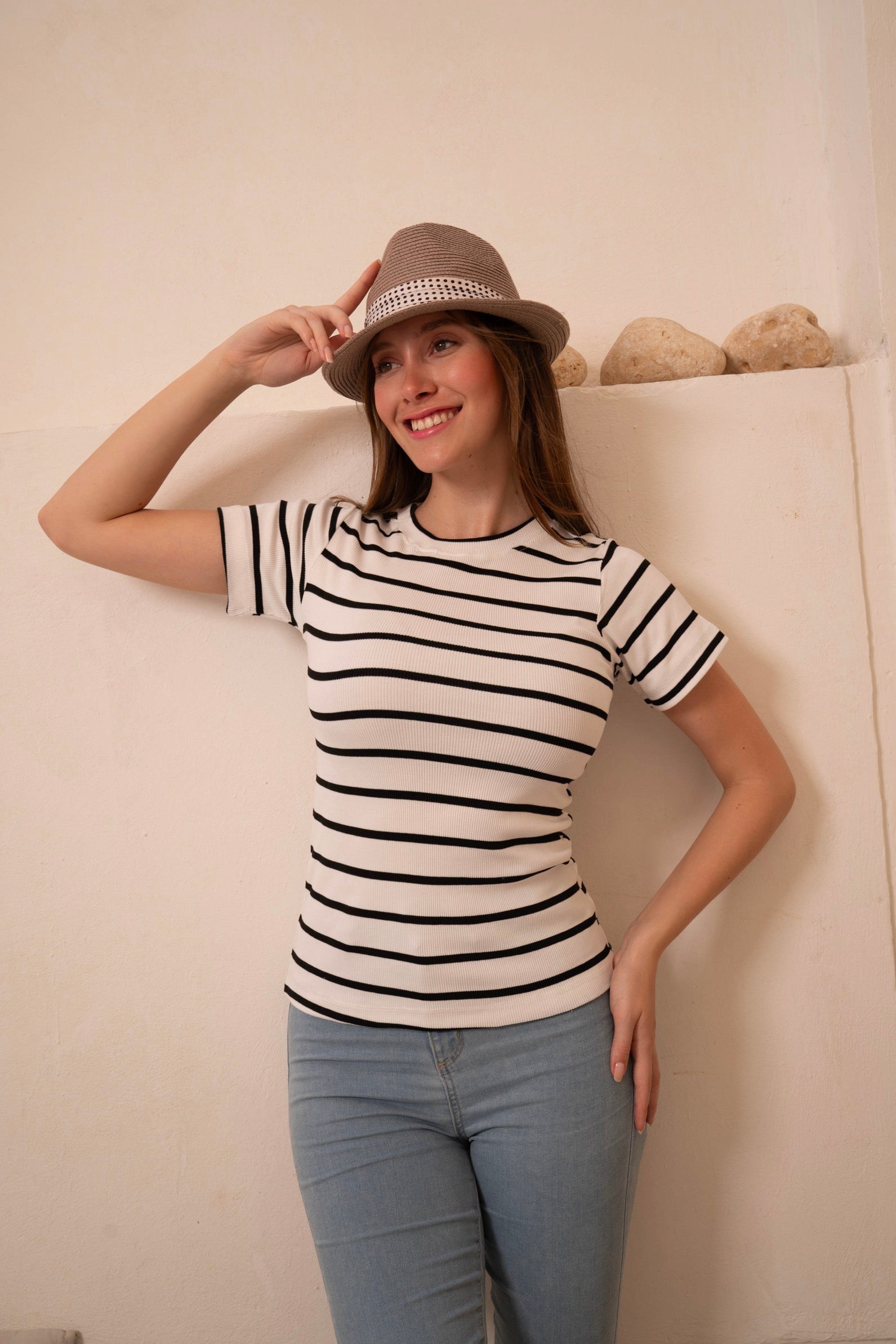 Gumus White Striped Short Sleeve Top