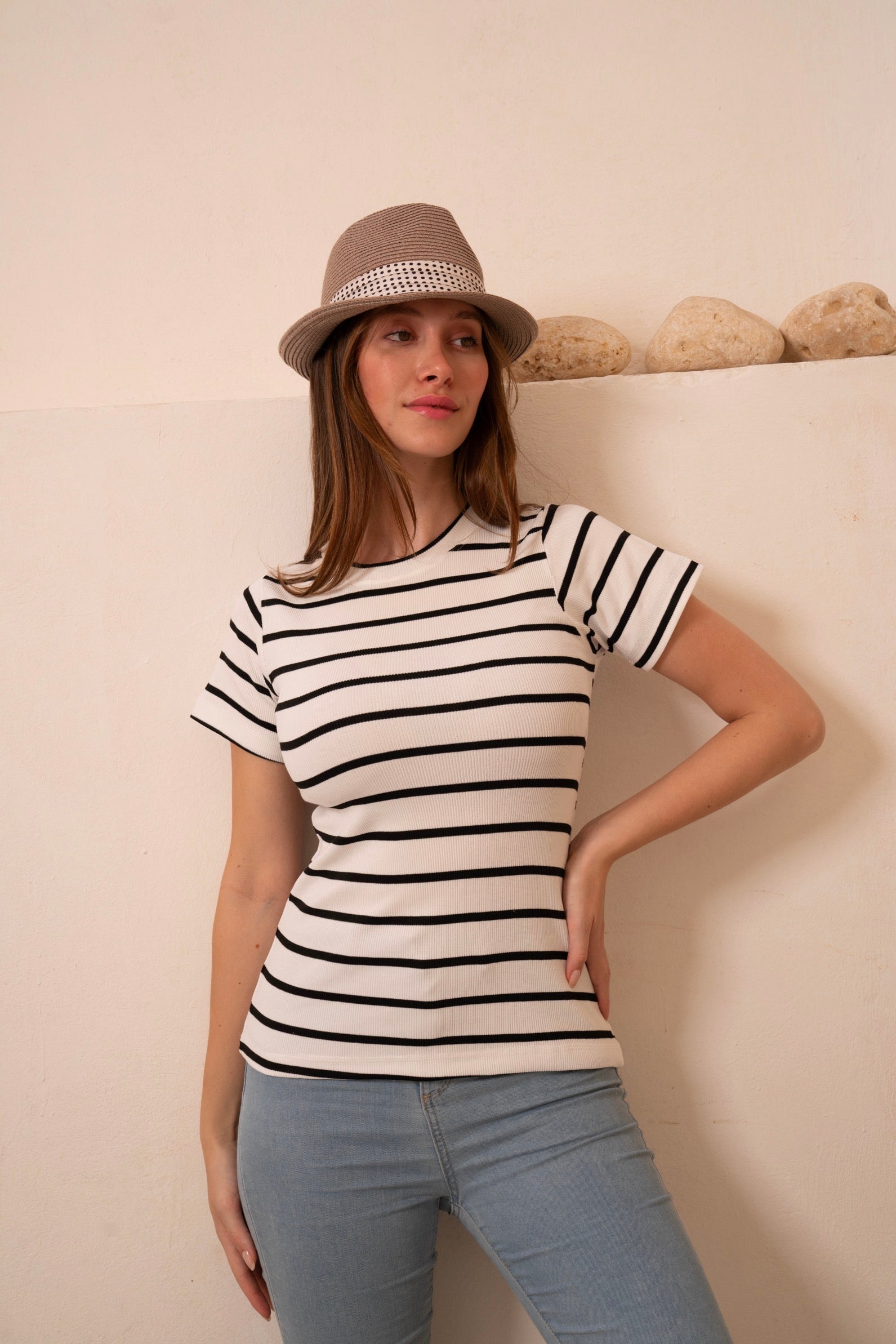 Gumus White Striped Short Sleeve Top