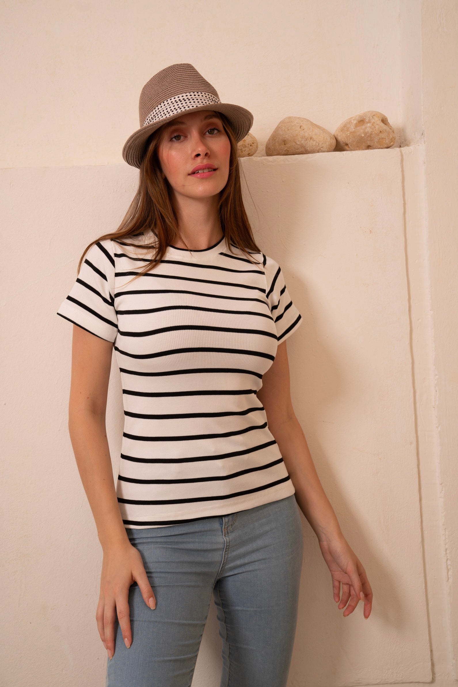 Gumus White Striped Short Sleeve Top