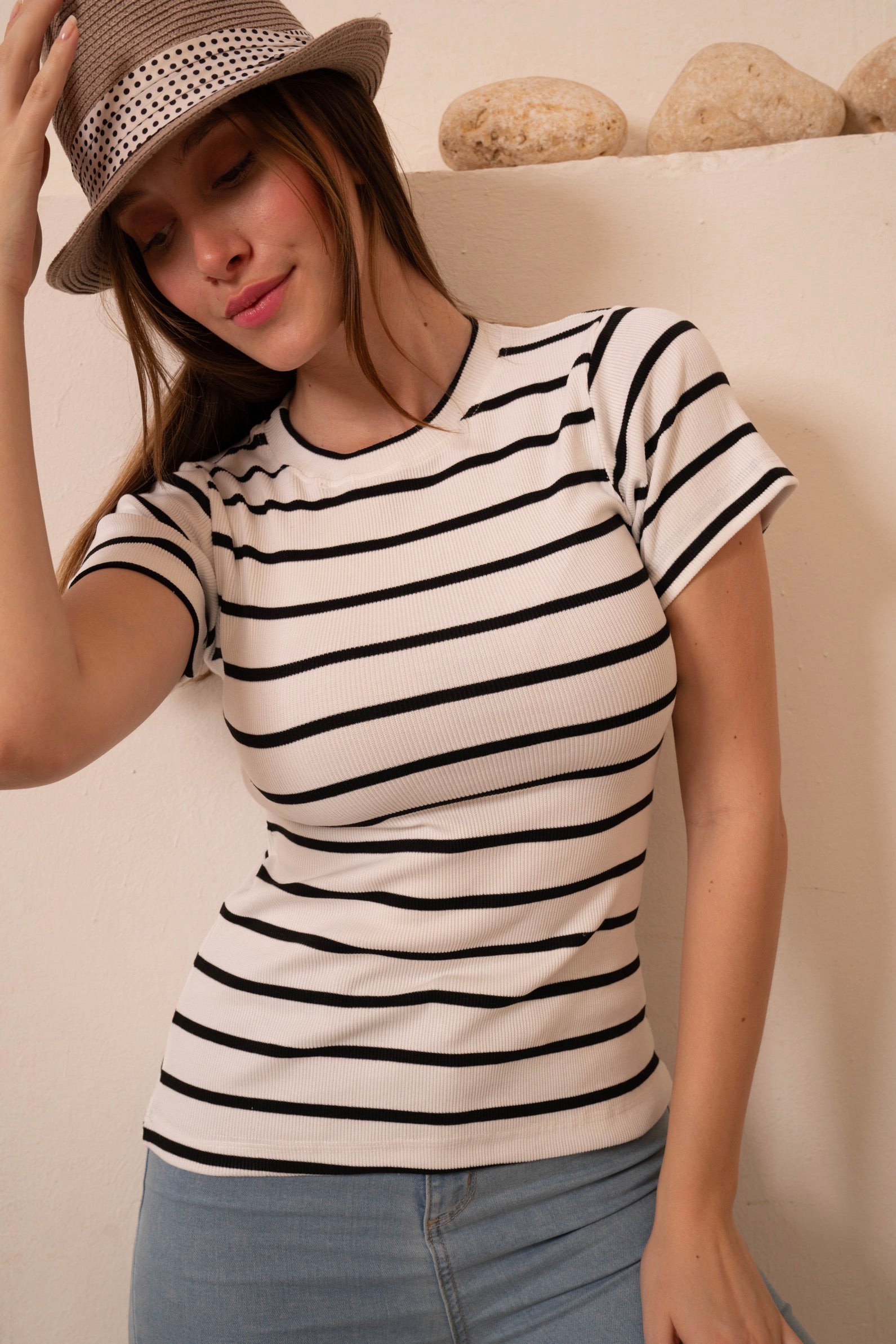 Gumus White Striped Short Sleeve Top