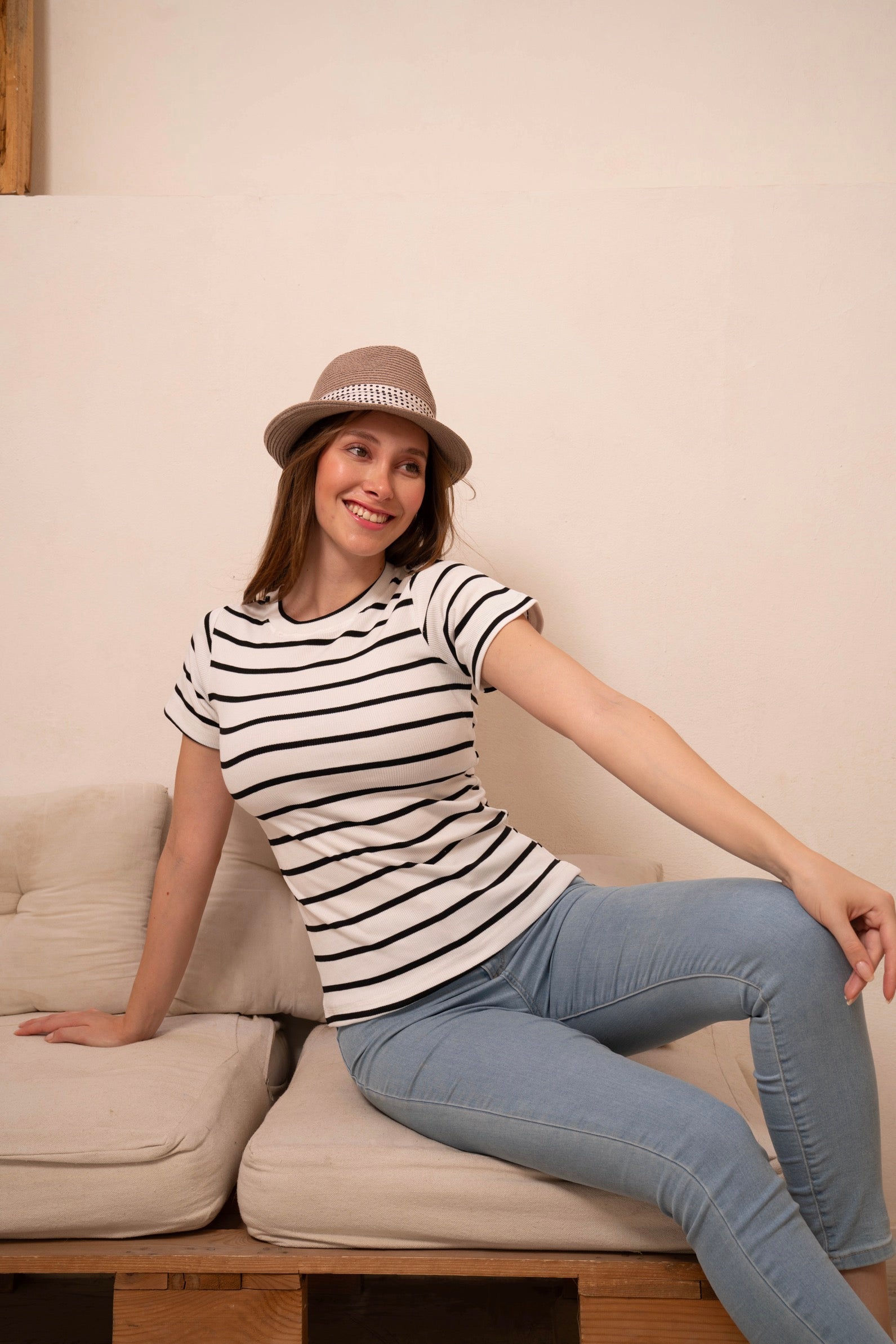 Gumus White Striped Short Sleeve Top