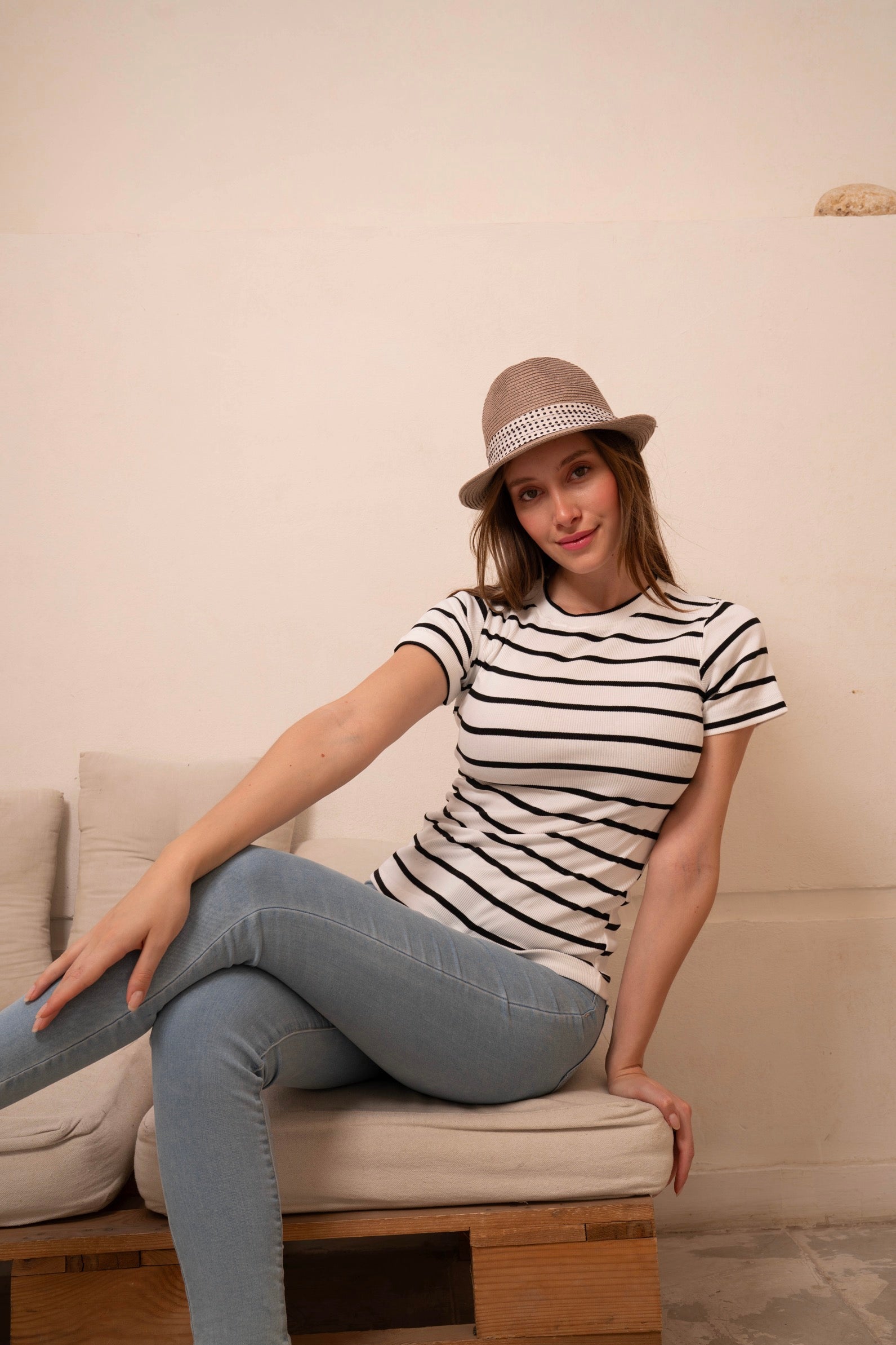 Gumus White Striped Short Sleeve Top