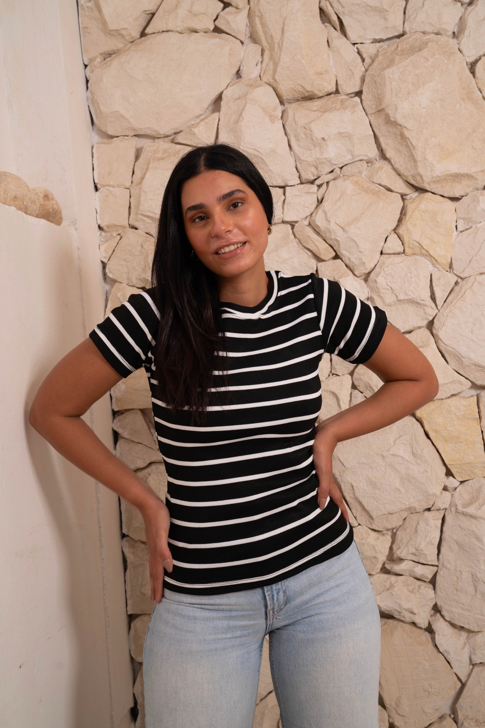 Gumus Black Striped Short Sleeve Top