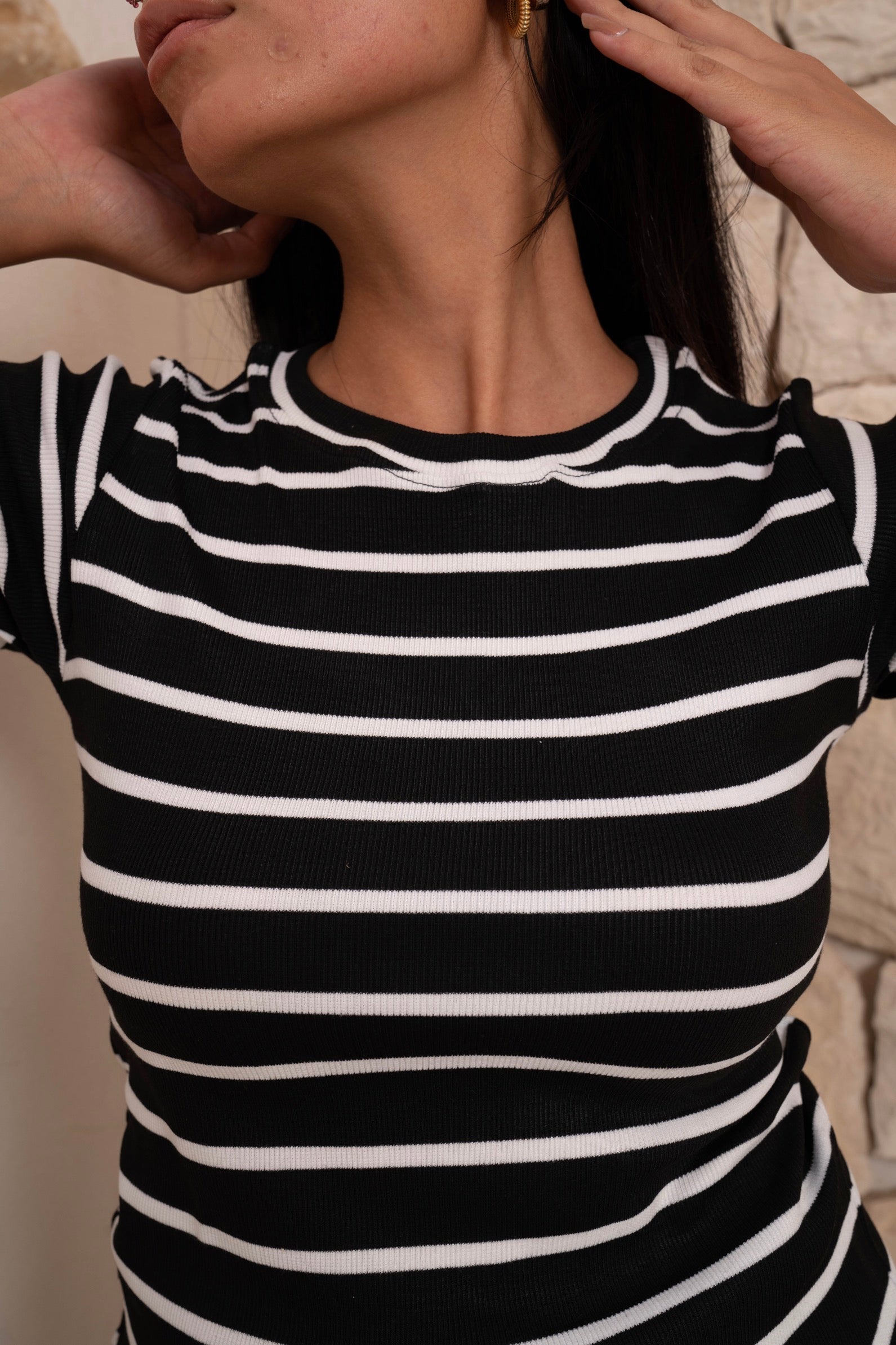 Gumus Black Striped Short Sleeve Top