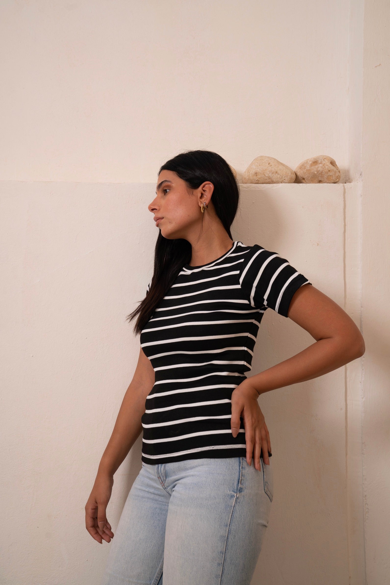 Gumus Black Striped Short Sleeve Top